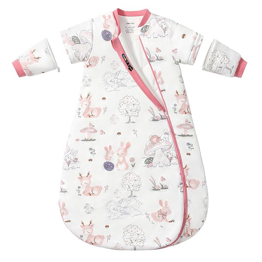 Baby Sleep Sack 12–18 Months, 2.5 TOG Warm Cotton Sleep Sack with Detachable Long Sleeves, Winter Wearable Blanket for Cold Nights, 2-Way Zipper Toddler Sleeping Sack, Bunny