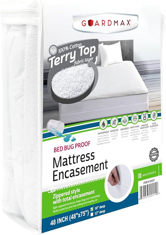 Guardmax Terry Cotton Zippered Mattress Encasement - Queen Size - 100% Waterproof and Bed Bug Proof Mattress Protector - Absorbent Six-Sided Mattress Cover (Terry Cotton, RV (48 X 75))