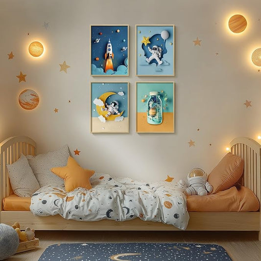 Framed Space Astronaut Cool Wall Art for Nursery Decor, 4 Piece Modern Space Themed Canvas Prints Artwork for Walls, Rocket Pictures for Bedroom, Kids Room, Baby Room, Boys Room, Bathroom Wall Decor