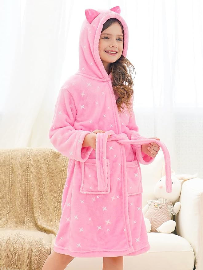 Doctor Unicorn Girls Leopard Cat Robe Kids Fleece Warm Hooded Bathrobe