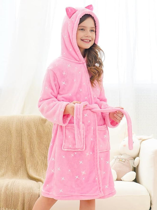 Doctor Unicorn Girls Leopard Cat Robe Kids Fleece Warm Hooded Bathrobe