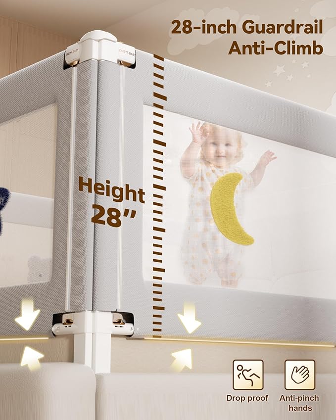 Baby Bed Rail Guard for Toddlers, Reinforced 54in Toddler Bed Rails for Full Bed with Height Adjustable, Extral Tall Child Safety Side Railing Guards/Bedrail for Kids, Grey Star, 1 Side 54" Lx28 H
