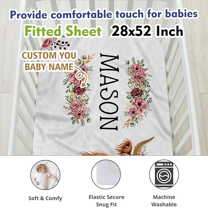 Personalized Crib Bedding Set, Toddler Highland Cow Theme Set with Name, 2 Pcs Baby Crib Set for Infant Baby, Comfort Double Layer Blanket and Crib Sheet, Newborns Gifts for Boys