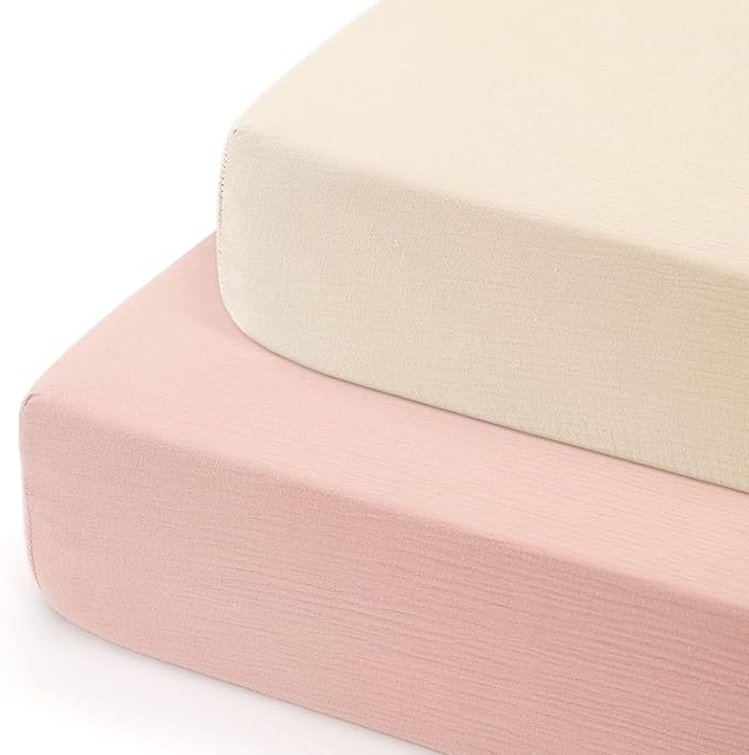 GRSSDER Soft Muslin Crib Sheet 2 Pack, 100% Cotton Crib Sheets for Boys and Girls, Fit Standard Crib Mattresses 52" x 28" Safe and Snug, Blush Pink/Beige