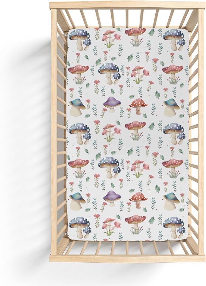 Fairytale Mushroom Baby Crib Sheets for Boy Girl 52x28Inch Colorful Mushrooms Floral Leaves Soft Snug Fitted Crib Mattress Cover Magical Plant Baby Sheet for Standard Crib & Toddler Bed Mattress