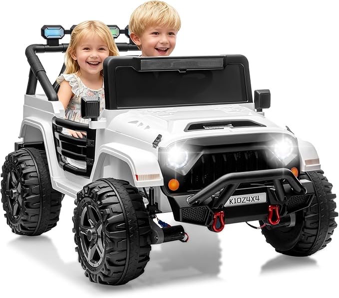 24V Ride on Toys for Big Kids, 2 Seater Ride on Car w/Remote Control, 4x4 Ride-on Truck with 4 Motors, 3 Speeds Adjustable, 4 LED Lights, Bluetooth & Music, Electric Car for Kids Toddlers 3-8, White