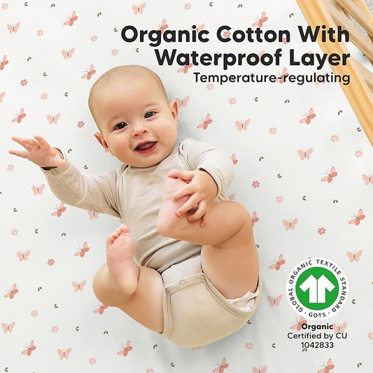 2-Pack Waterproof Crib Sheets for Girl, Boy - Organic Cotton 52X28 Fitted Crib Sheets Neutral, Crib Mattress Protector Sheets, Soft Toddler Bed Sheets, Washable Infant Baby Crib Sheets (Butterflies)