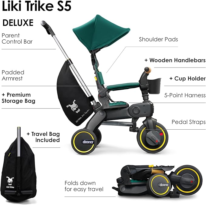 Doona Liki Trike S5, Racing Green - 5-in-1 Compact, Foldable Tricycle - Suitable for Toddlers 10 to 36 Months