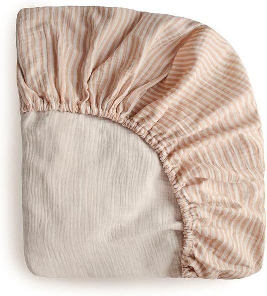 mushie Extra Soft Muslin Fitted MINI Crib Sheet | 24"x 38" (Natural Stripe)