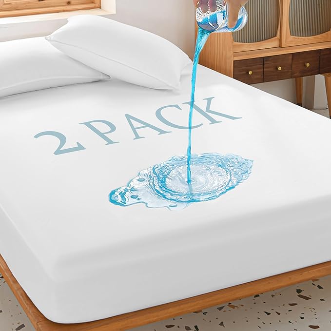 2 Pack Queen Waterproof Mattress Protector Deep Pocket Mattress Cover, Soft Breathable Mattress Pad, Fitted Noiseless Waterproof Bed Cover Stretch to 25"