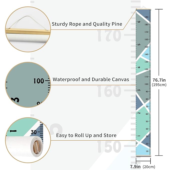 Nustila Color Block Growth Chart for Kids Baby Height Chart Ruler Removable Canvas Wooden Frame Hanging Wall Rulers Measurement Charts for Toddler Room Nursery Decor - 79"X7.9" with Beige Wood
