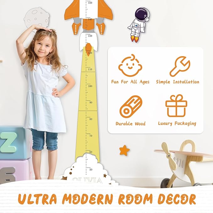 Woodemon Personalized Name Height Chart for Kids, Cute Rocket Wooden Growth Chart for Kids, Wall Height Chart for Children, Cute Wall Ruler for Kids, Track Height Measurement, Easy to Install