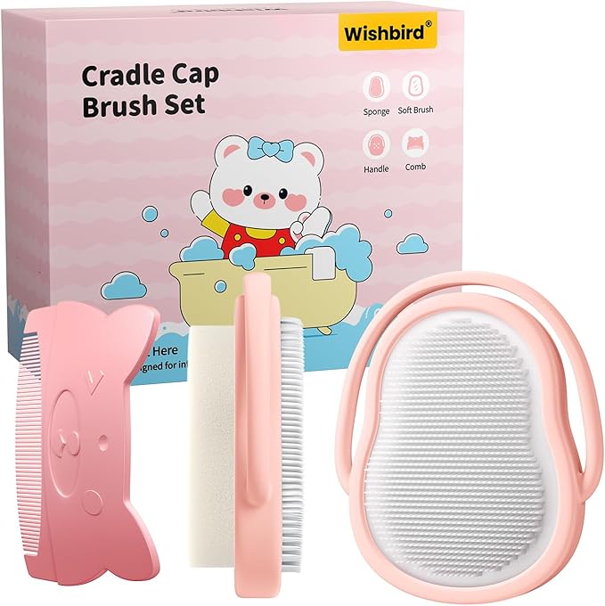 Baby Cradle Cap Brush & Comb Set, 3-in-1 Soft Scalp Brush, Curved Comb & Bath Sponge | BPA-Free Cradle Cap Treatment Kit for Newborns & Infants 0-12 Months, Flakes Removal, Pink