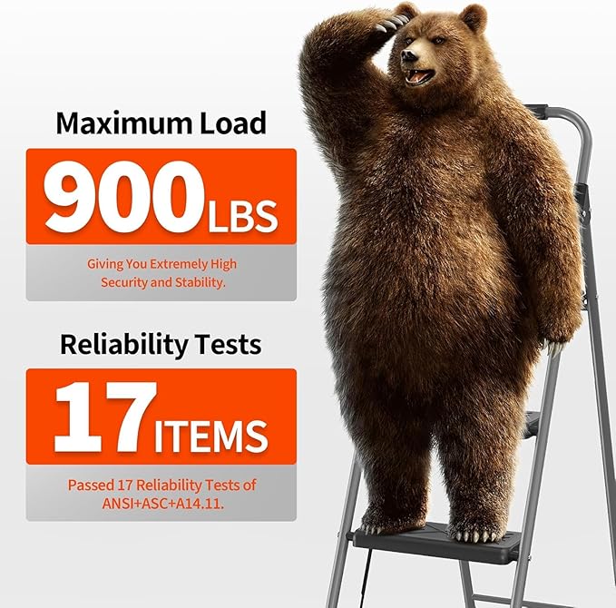 DIAMONDFORGE 3 Step Ladder, Folding Step Stool with Wide Anti-Slip Pedal, Soft Grip Handle, Non-Slip Feet, Sturdy Steel Construction, 900 lbs Capacity Steel Ladder for Home and Office, Grey