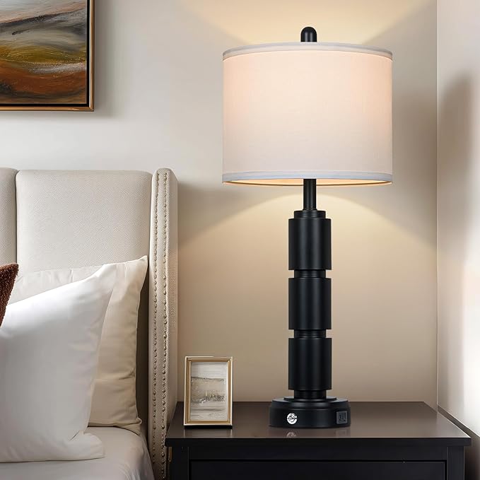 luxeflow Set of 2 Modern Table Lamps for Living Room Bedroom,29" Tall Bedside Lamp with 2 USB Port,Black Metal Touch Nightstand Lamp for Desk End Side Table Entryway,Black