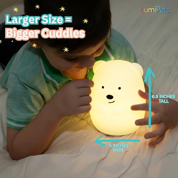 Lumipets Benny The Bear Squishy Silicone Night Light for Kids | Cute Night Light with Remote & Touch Control for Girls & Boys | 9 Color Changing Soft Portable Animal Lamp Comes with USB Cord