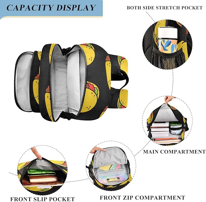 Jucciaco Tacos Food School Backpack Laptop Travel Daypack for Kids Girls Boys, Personalized Computer Notebooks Bookbag with Adjustable Padded Straps