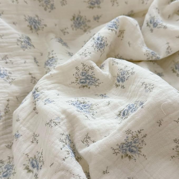 BuLuTu Blue Freesia Pattern Duvet Cover King, 2 Layers Cotton Muslin Quilt Cover with Zipper, Shabby Chic Ruffled Comforter Cover 90"x104" Floral Design Bedding, No Pillow, Machine Wash