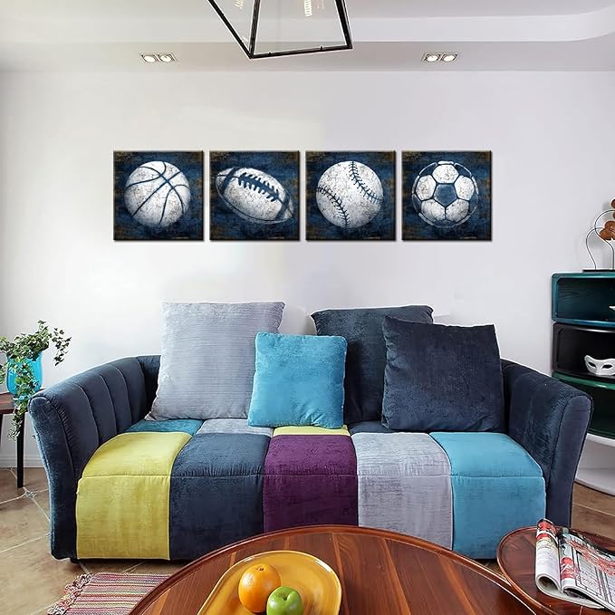 KLVOS Navy Blue Sports Wall Art Décor Basketball Baseball Soccer Football Canvas Art Prints Sport Balls Picture for Man Cave Kids Teenagers Boy Room Decor 12x12inchx4 Piece