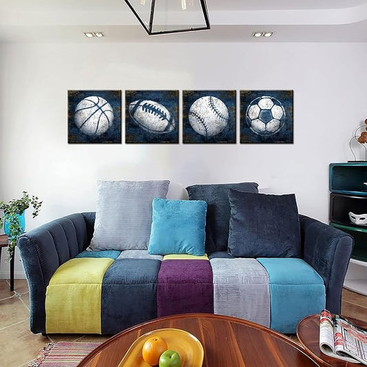 KLVOS Navy Blue Sports Wall Art Décor Basketball Baseball Soccer Football Canvas Art Prints Sport Balls Picture for Man Cave Kids Teenagers Boy Room Decor 12x12inchx4 Piece