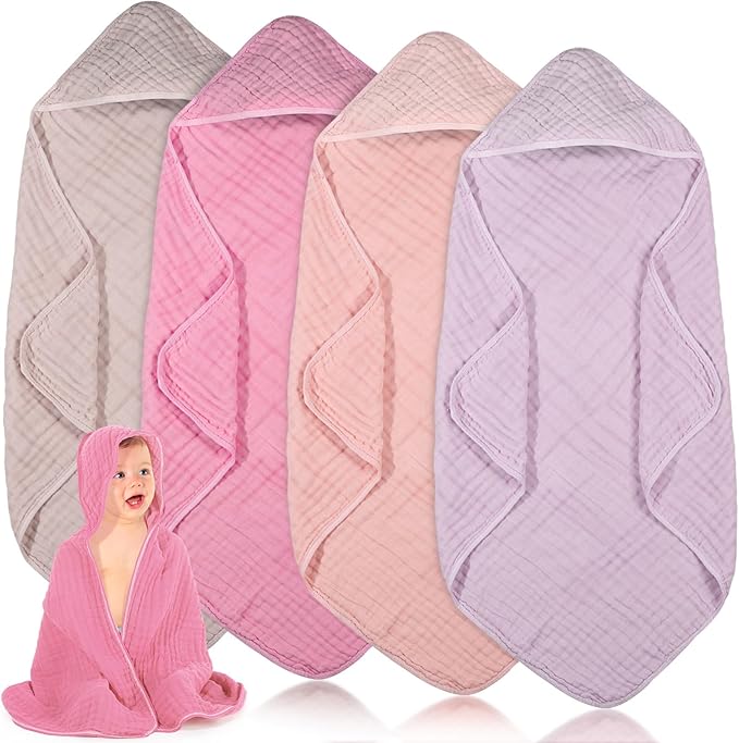 Peryiter 4 Pcs Muslin Hooded Baby Towels, 32x 32'' Cotton Newborn Bath Towel Muslin Infant Baby Blankets Absorbent Unisex Christmas Registry Gift Essentials for Girls Boys (Pink Series)