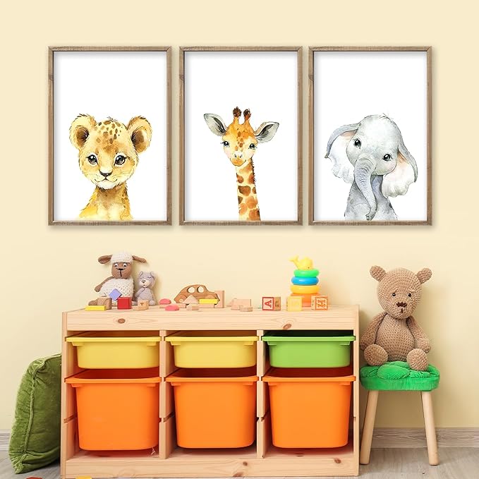 Baby Safari Nursery Wall Art Decor 24x16 Inch Set of 3 Wood Framed Cute Animal Giraffe Elephant Lion Prints Sign Kids Boys Girls Room Bedroom Jungle Animal Pictures Wall Hanging (Wood)