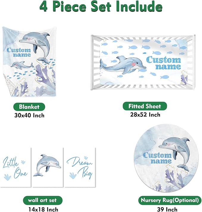 Personalized Baby Crib Bedding Set: 4 Piece Custom Blue Dolphin Crib Bed Set with Name, Nursery Bedding Set for Baby Girls, Newborn Boys Crib Sets, Crib Bedding Custom Gift, Crib Sheet