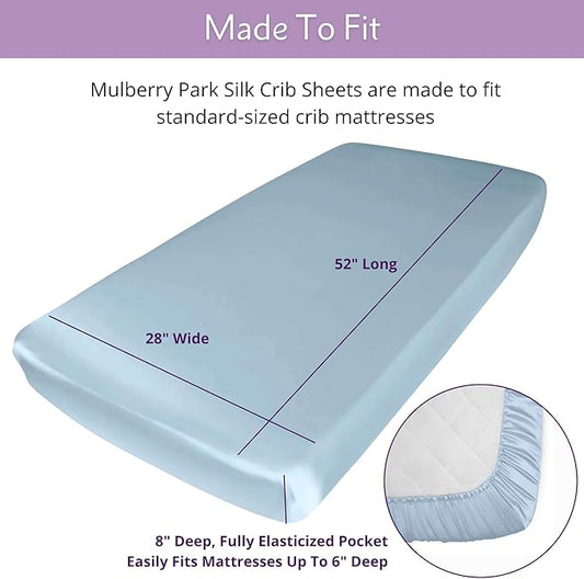 Mulberry Park Fitted Silk Crib Sheet - Grade 6A Pure 19 Momme Toddler Bedding - Gentle on Baby's Delicate Skin, Helps with Bald Spot, Eczema, Dry Skin & Cradle Cap - 28" x 52" / Bedtime Blue