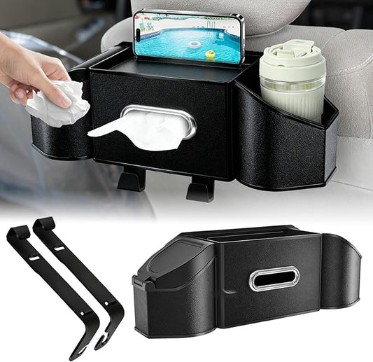 Oivjckx 7-In-1 Multifunctional Car Seat Back Organizer with Cup Holders, Tissue Box, Garbage Can & Hooks, Headrest Storage & Cup Holder for Backseat (Black)