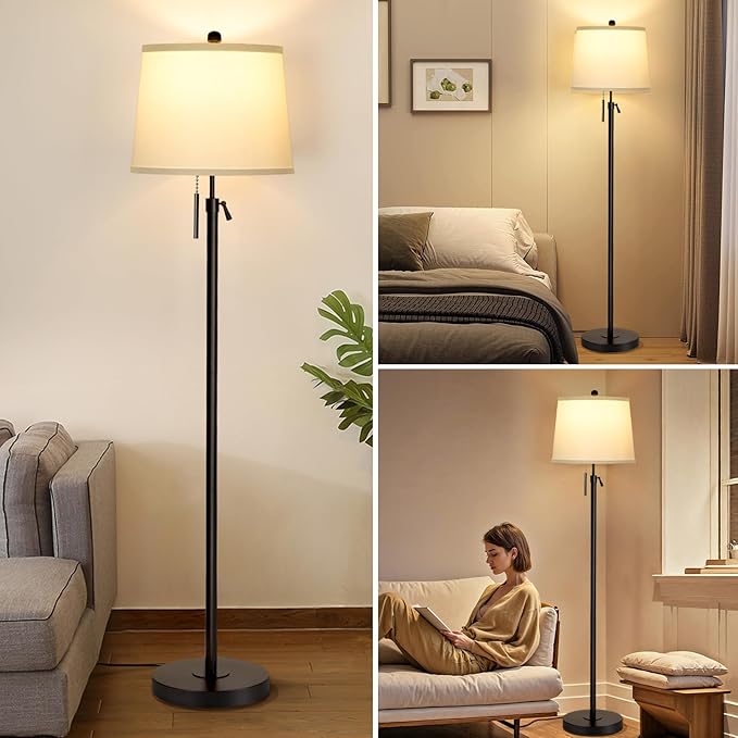 JUNNAI Black Floor Lamps for Living Room Adjustable Height Standing Lamp Modern Tall Pole Lamps for Bedroom Office with White Linen Shade 3 Color Temperature 9W LED Bulb Included