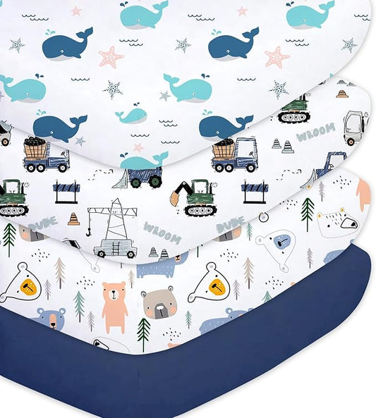 Little Grape Land Crib Sheets Baby Toddler Sheets 4 Pack Fitted for Boys Girls, Standard Size 28x52‘’ Crib Mattress, Super Soft Breathable Washable Microfiber, Whale & Trucks & Little Bear & Navy Blue