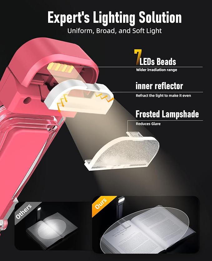 Book Reading Light,2 Pack Silent Touch Books Lamp for Reading in Bed,Rechargeable Clip on Booklight with 3 Amber Color & 7 LEDs Precise Dimming for Night Reading for Book Lovers,Kid,Pink+Purple