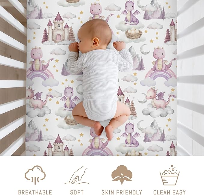 Pink Baby Dragons Crib Sheets for Boy Girl Fairytale Dragon Castle Trees Moon Rainbow Soft Stretchy Fitted Crib Mattress Cover for 52''x28'' Standard Crib & Toddler Mattress Fantasy Animal Bed Sheet