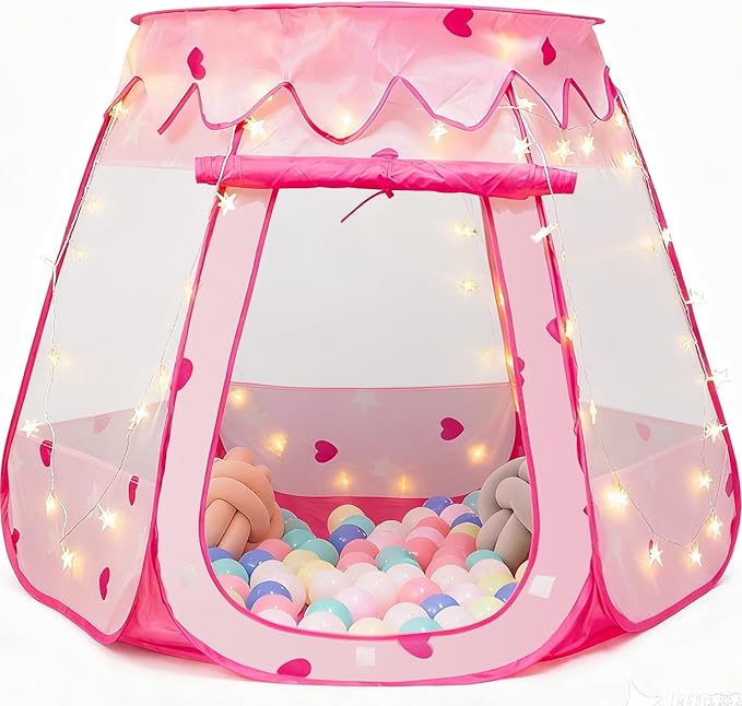 Pop Up Princess Tent with Star Light, Toys for 1 2 3 Year Old Girl Birthday Gift, Baby Girl Toys, Ball Pit for 12-18 Months Toddler Gift, Easy to Pop Up and Assemble(Pink)