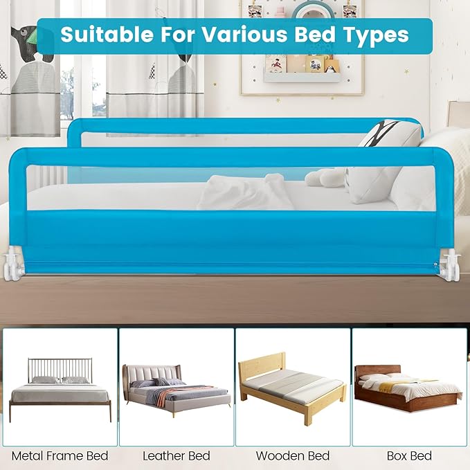HONEY JOY Bed Rail for Toddlers, 71-in Extra Long, Portable Safety Bed Guardrail w/Double Safety Child Lock, Foldable Baby Bed Rail Guard, Fit King & Queen Full Twin Size Bed Mattress(Blue, Pack 2)