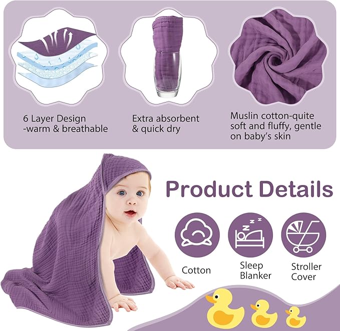 Peryiter 4 Pcs Muslin Hooded Baby Towels, 32x 32'' Cotton Newborn Bath Towel Muslin Infant Baby Blankets Absorbent Unisex Christmas Registry Gift Essentials for Girls Boys (Purple Series)
