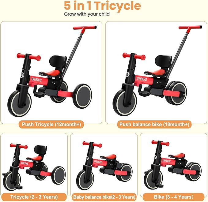BoBike 5-in-1 Tricycle for Toddlers 18 Months to 5 Years, Kids Bike with Upgraded Pedals, Parent Push Handle, Balance Bike & Easy Assembly for Boys Girls (Red)