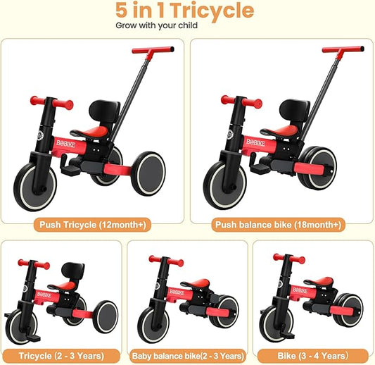 BoBike 5-in-1 Tricycle for Toddlers 18 Months to 5 Years, Kids Bike with Upgraded Pedals, Parent Push Handle, Balance Bike & Easy Assembly for Boys Girls (Red)