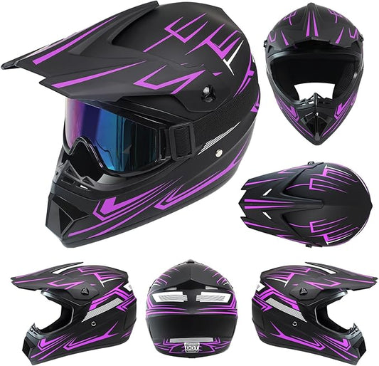Youth Kids Motocross Helmet,Dirt Bike Off-Road Motorcycle Helmet with(Goggles,Gloves,Mask) 4-Pcs Set,Mountain Bike BMX MX ATV Girls Full Face Helmet,DOT Approved(Purple,S)