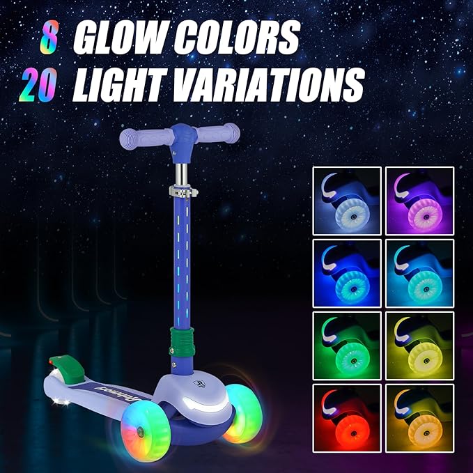 Light-Up Scooter for Kids 3-8,20 Dynamic Light Patterns for Evening Play Safety - Lean-to-Steer Kick Scooter with Adjustable Handlebar (Grows with Child) - Gift for Boys & Girls
