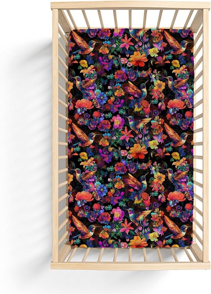 Garden Hummingbirds Blossom Baby Crib Sheets for Boy Girl 52x28Inch Tropical Birds Floral Soft Stretchy Fitted Crib Mattress Cover Colorful Spring Baby Sheet for Crib & Toddler Bed Mattresses