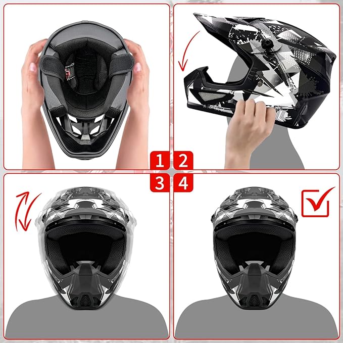 Youth Kids Motocross Helmet, Adult ATV Dirt Bike Helmet with Goggles Gloves & Mask Quick, Full Face Motorcycle Helmet with Quick Release Buckle DOT Certified