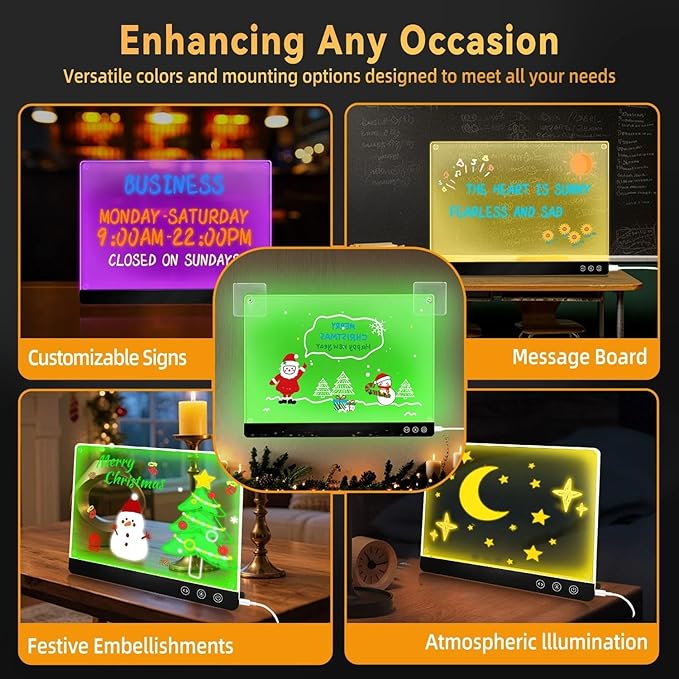 LED Magnetic Note Board with Colors, 11.8"X15.7" 4 Modes & 7 Colors Acrylic Dry Erase Board with Light, Include Hanging Chain, Led Drawing Board for Kids with Stand, Soft Cloth, 8 Markers