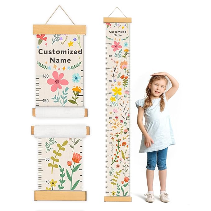 Woodemon Personalized Name Growth Chart for Wall, Painted Plants Canvas Height Chart for Kids Baby Child Toddler, Canvas Growth Chart for Wall Nursery Decor, Hangable & Waterproof