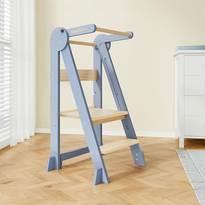 WeeGuruu Toddler Step Stool, Wooden Fold-able Standing Tower Kitchen Helper for Countertop, Bathroom, Montessori Kids Stool with Height Adjustable Platform for Ages 18 Mons to 6 Years Learning Skills