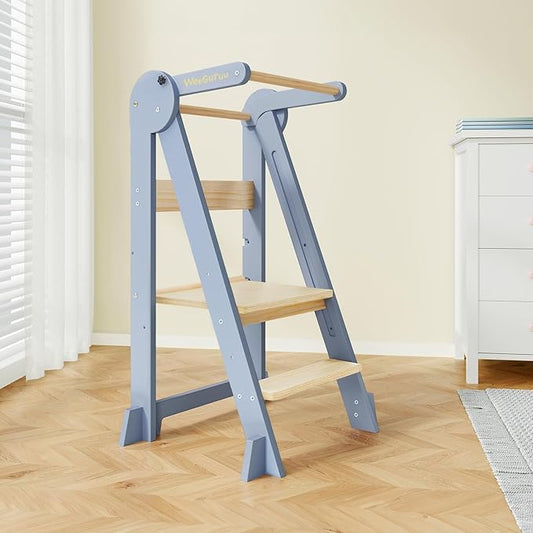 WeeGuruu Toddler Step Stool, Wooden Fold-able Standing Tower Kitchen Helper for Countertop, Bathroom, Montessori Kids Stool with Height Adjustable Platform for Ages 18 Mons to 6 Years Learning Skills