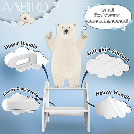 AMBIRD Wooden Step Stool, 15.75'' H 300 lbs Capacity with Safety Non-Slip Pads and Handles, Kitchen Step Stools, Bamboo Step Stool for Bathroom, High Beds (White)