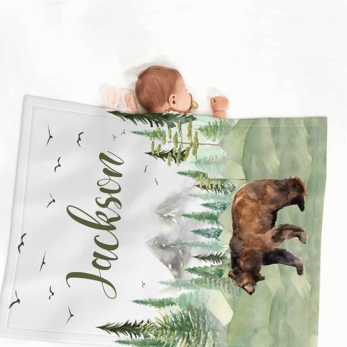 Custom Name Baby Crib Bedding Set – Personalized 3-Piece Nursery Set for Boys, Includes Soft Blanket, Fitted Sheet & Pillowcase – Woodland Bear Baby Bedding Gift for Newborn & Toddler