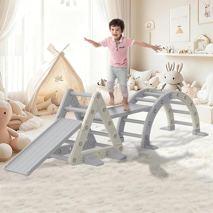 9-in-1 Pikler Triangle Set, HDPE PP Plastic Durable 1-8 Toddler Climbing Toys Indoor with Arch, Ramp, Ladder & Slide, Indoor Montessori Toddler Playground Jungle Gym Playset for Toddlers, White