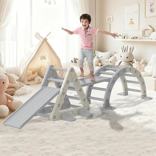 9-in-1 Pikler Triangle Set, HDPE PP Plastic Durable 1-8 Toddler Climbing Toys Indoor with Arch, Ramp, Ladder & Slide, Indoor Montessori Toddler Playground Jungle Gym Playset for Toddlers, White